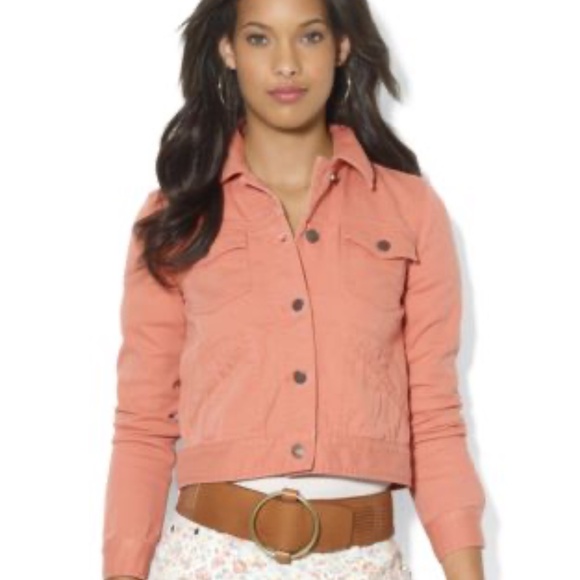 LRL Lauren Ralph Lauren color Denim Jean Jacket Petite Medium M /Coral - Picture 1 of 10